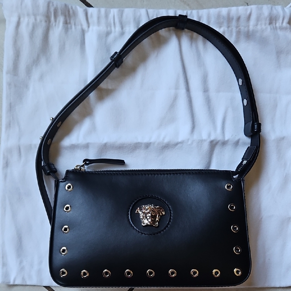 NWT $1200 Versace Black Leather Shoulder Bag Silver Medusa Grommets